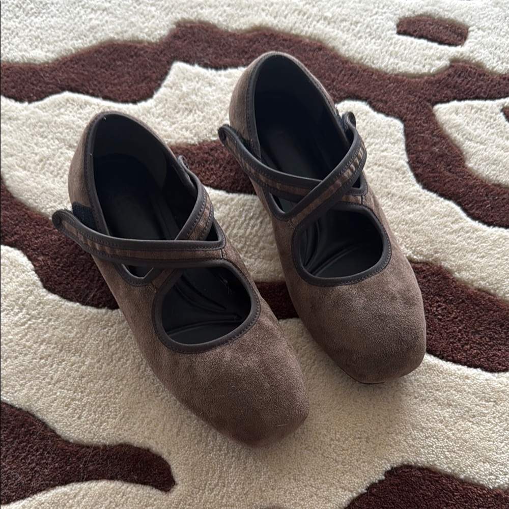 Brown Suede Mary Jane Ballet Flats with a Velcro Cross Strap
